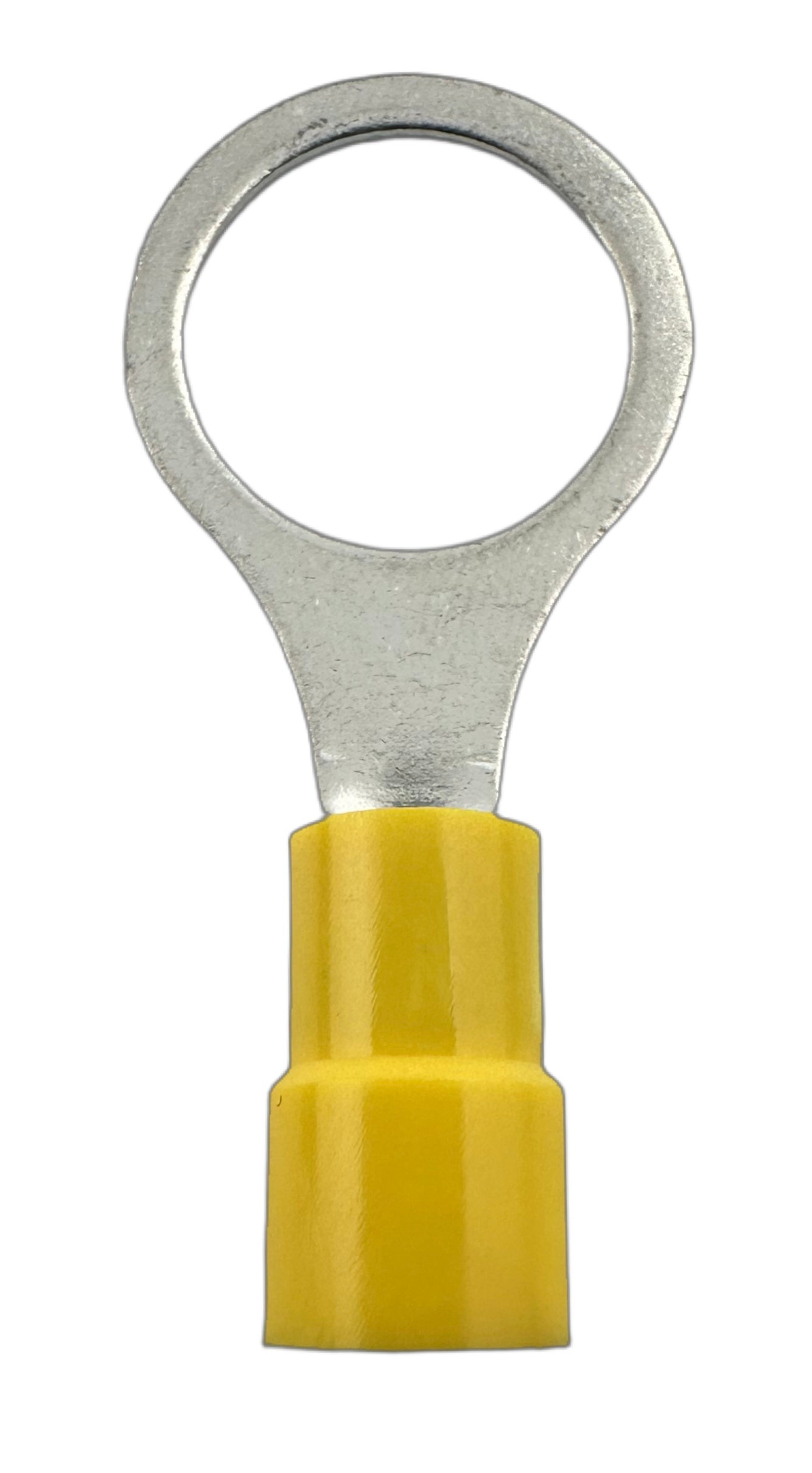 Insulated Ring Terminals, for 12-10 AWG and 1/2" screw, vinyl insulation straight view