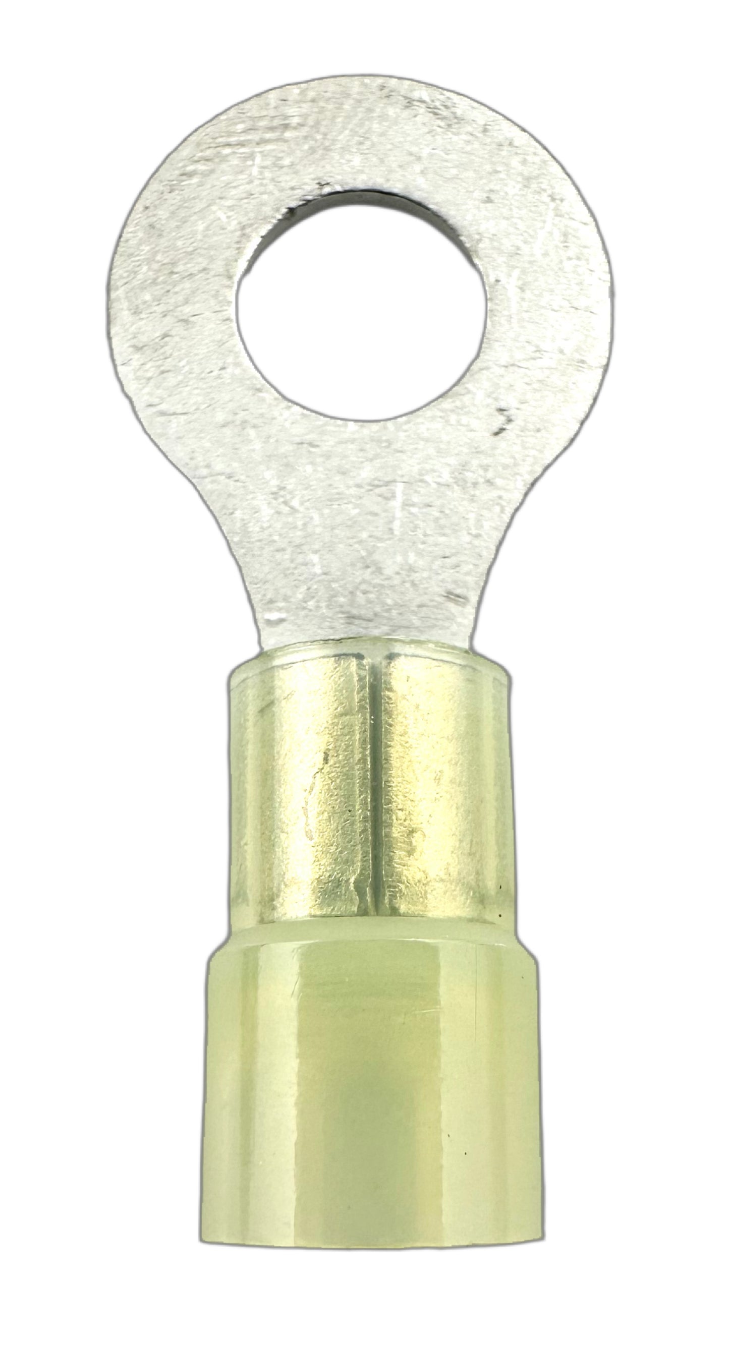 Insulated Ring Terminals, for 12-10 AWG and 1/4" screw, nylon insulation straight view