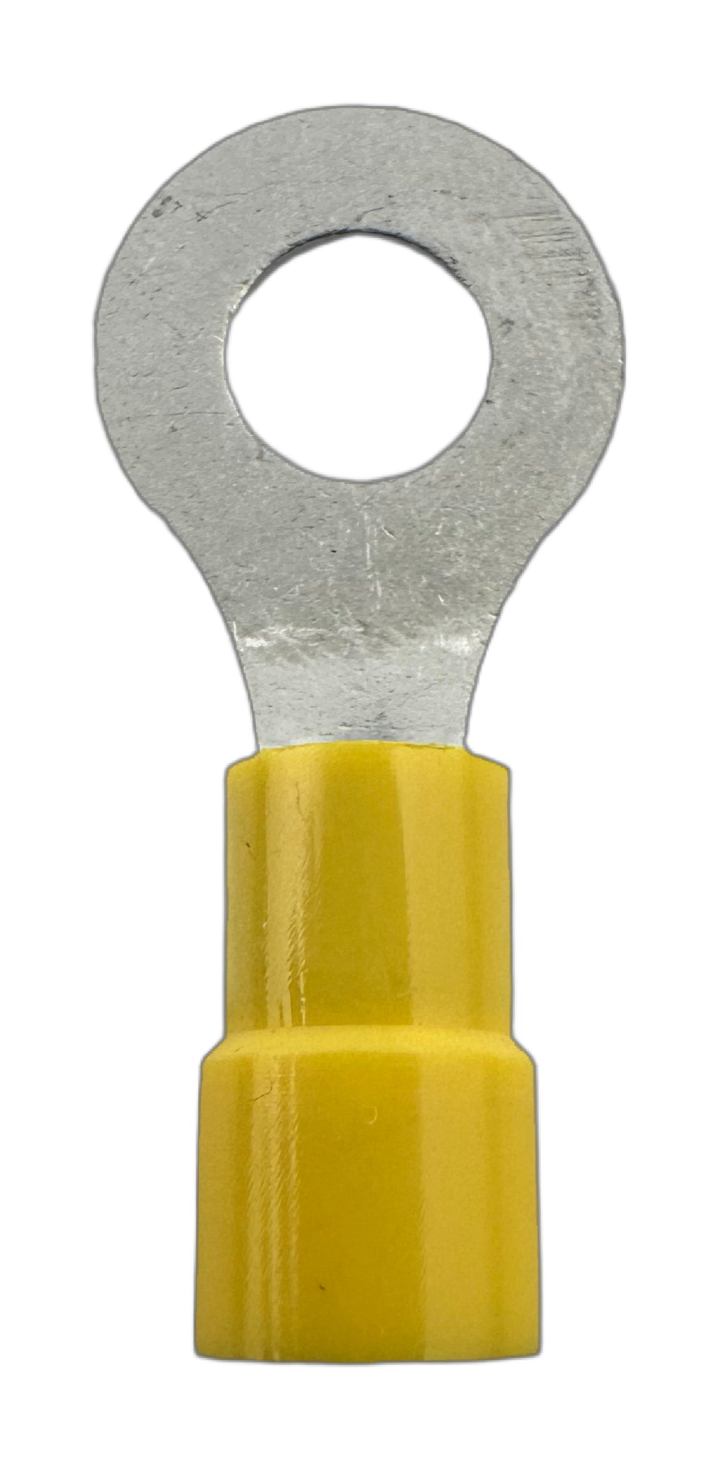 Insulated Ring Terminals, for 12-10 AWG and 1/4" screw, vinyl insulation straight view