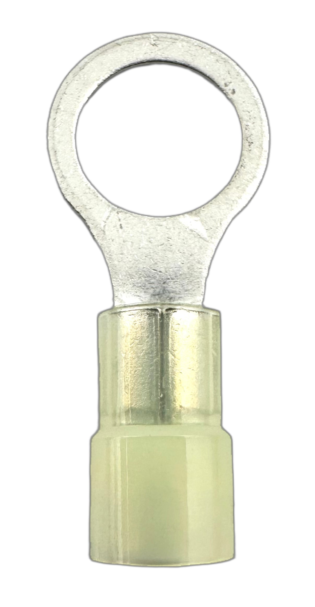 Insulated Ring Terminals, for 12-10 AWG and 3/8" screw, nylon insulation straight view