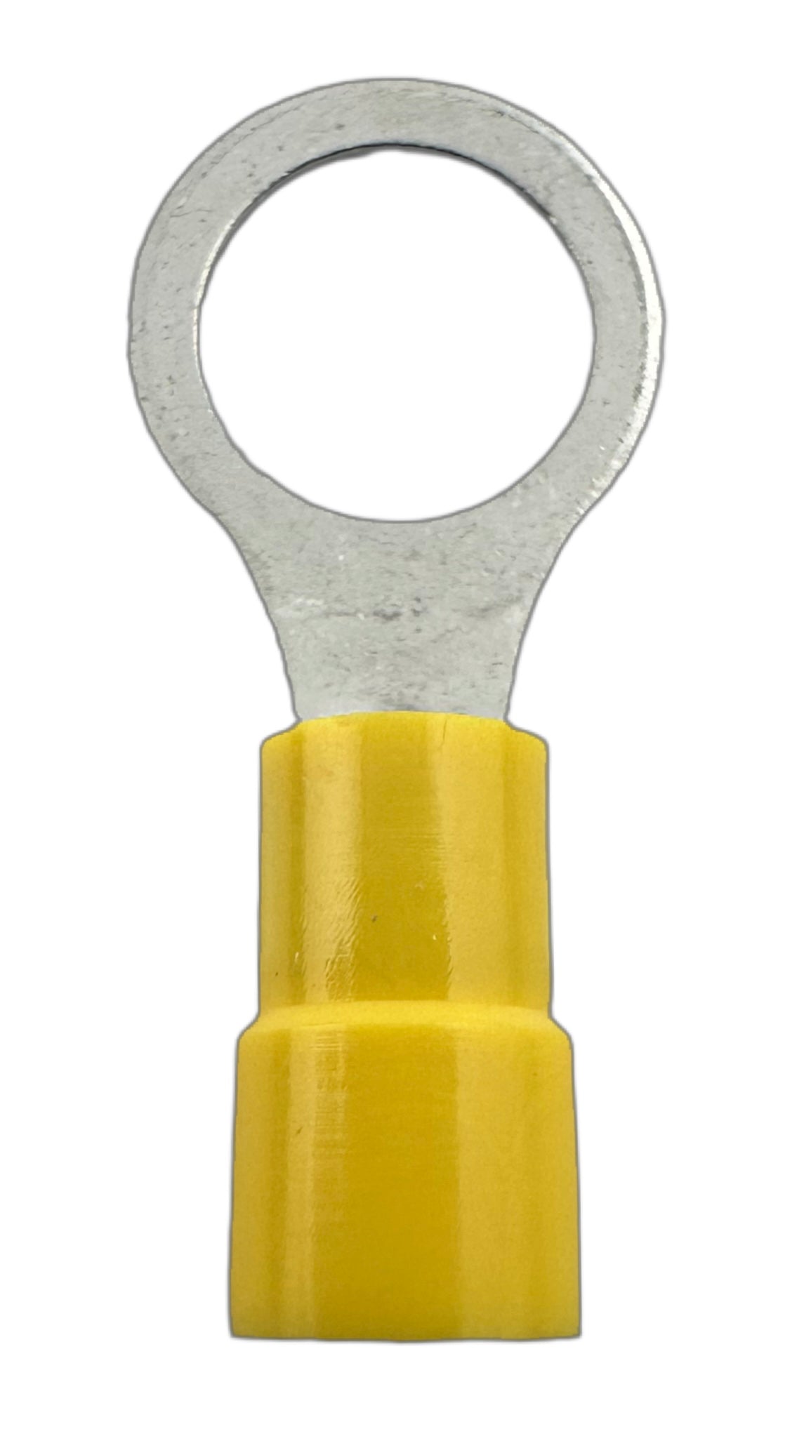 Insulated Ring Terminals, for 12-10 AWG and 3/8" screw, vinyl insulation straight view