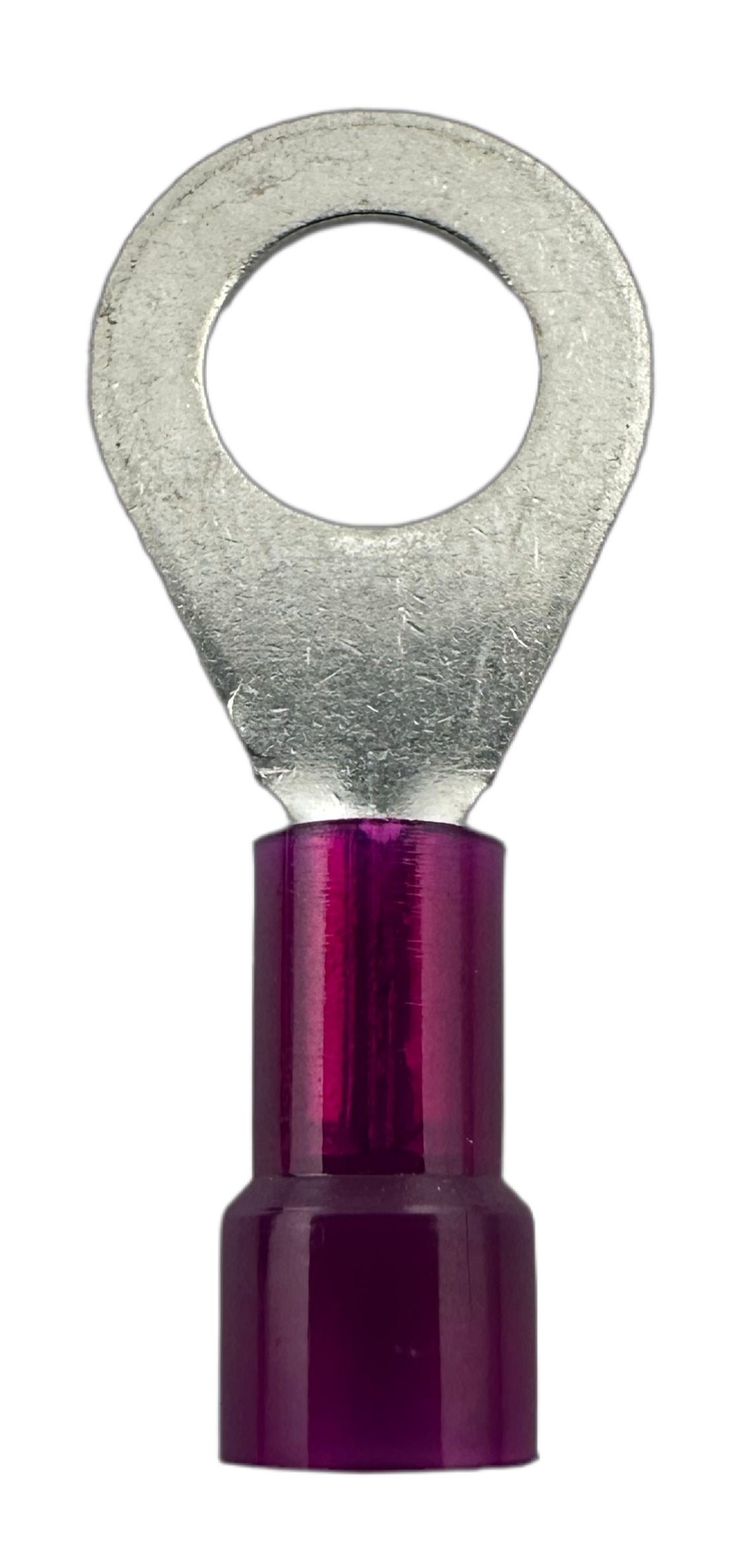 Insulated Ring Terminals, for 22-18 AWG and 1/4" screw, nylon insulation straight view