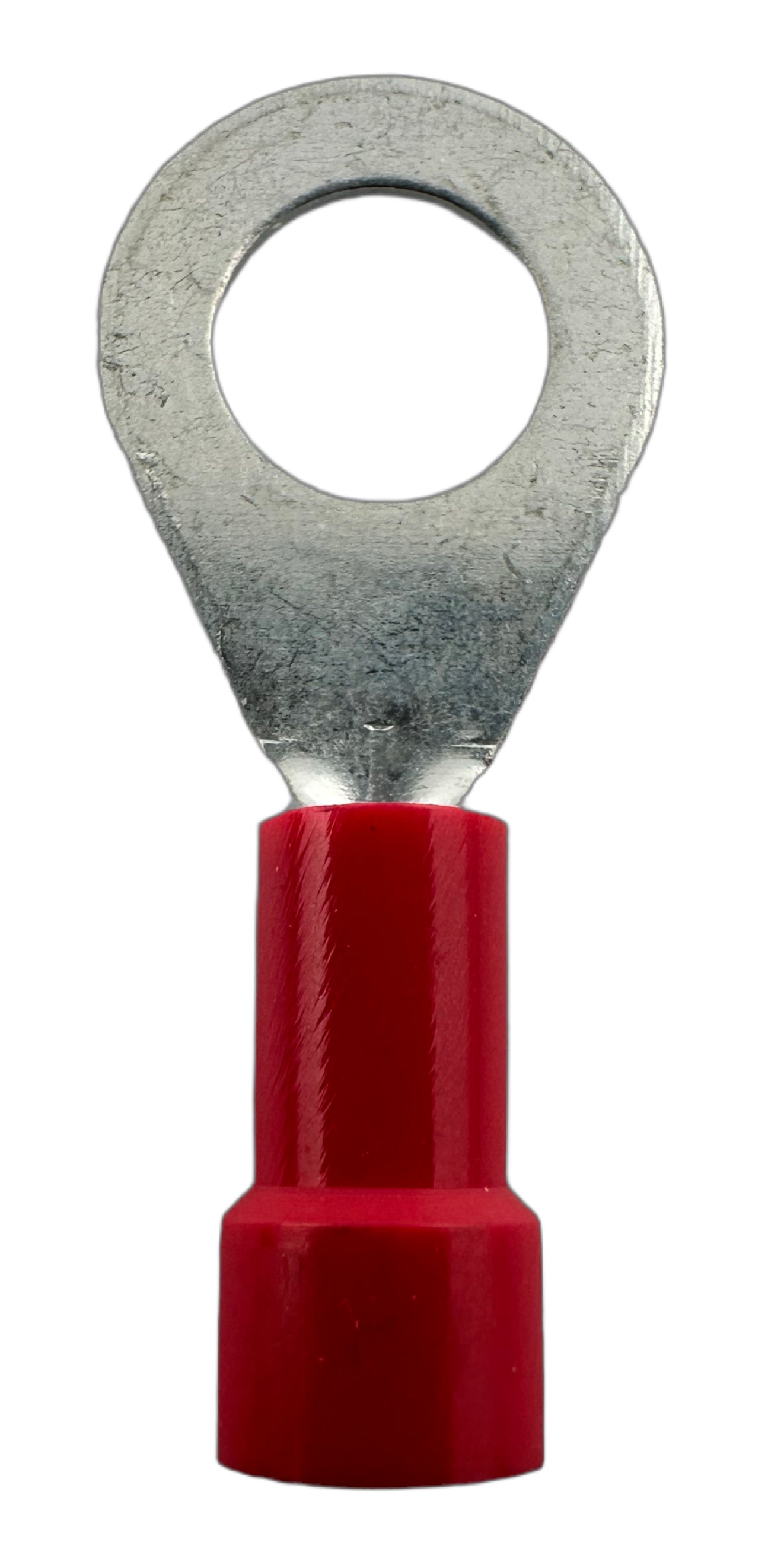 Insulated Ring Terminals, for 22-18 AWG and 1/4" screw, vinyl insulation straight view