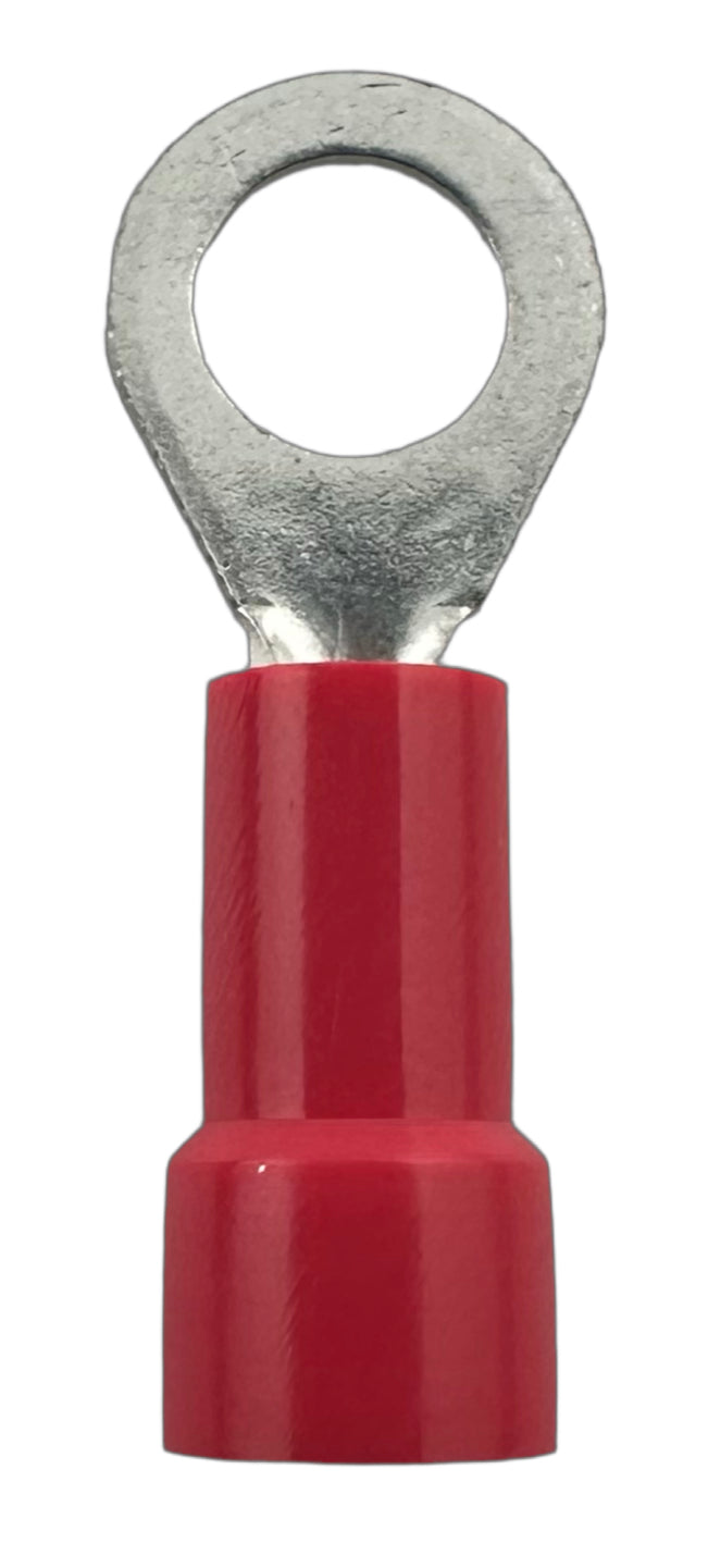 Insulated Ring Terminals, for 22-18 AWG and #10 screw, vinyl insulation straight view