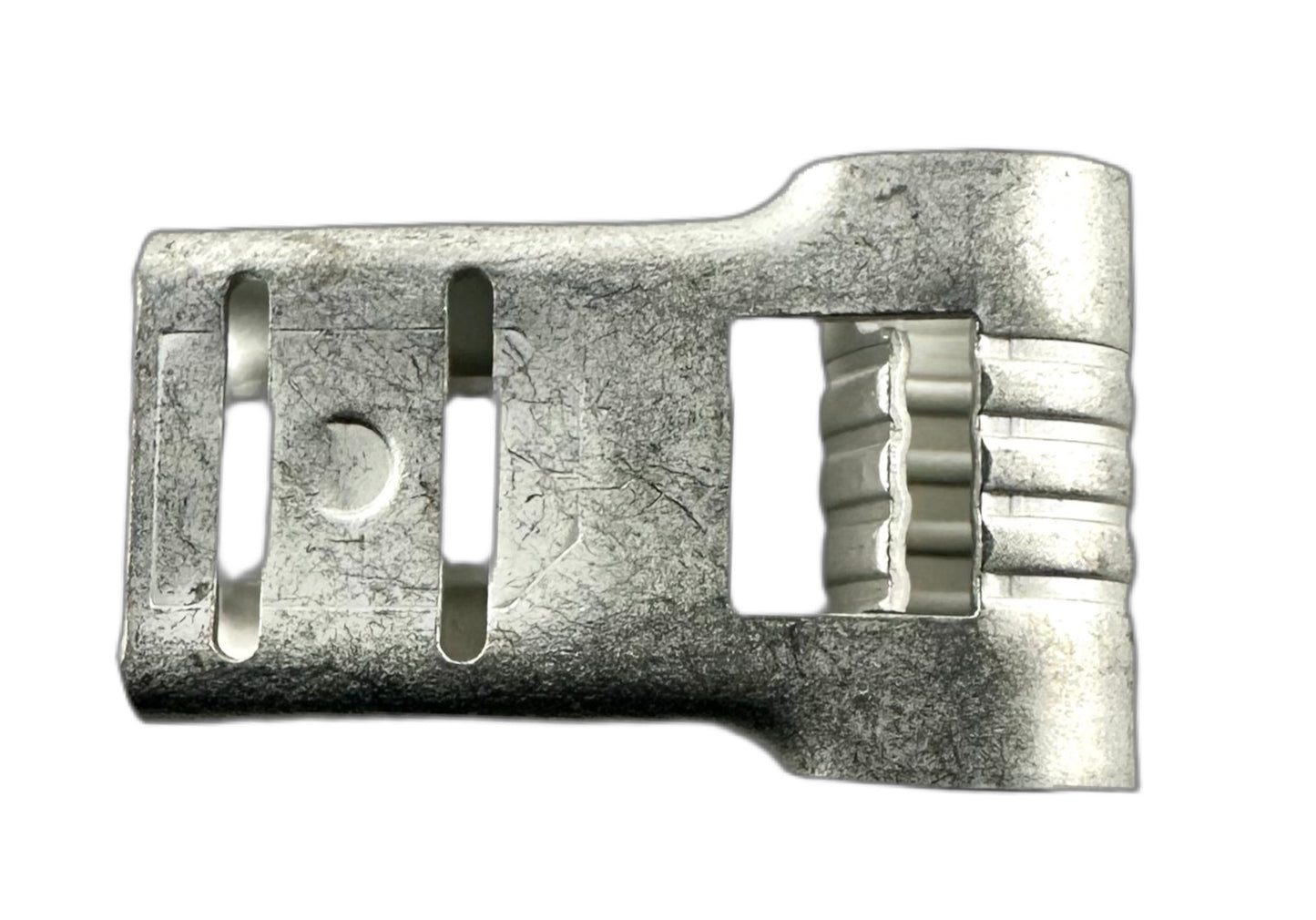 Noninsulated Quick-Disconnect Terminals, Female, 90 Degree Flag, for 12-10 AWG, 0.250" wide x 0.032" thick straight view